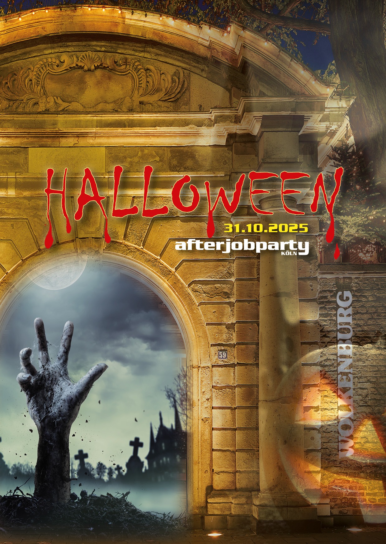 Auf der linken Seite ist Bild aus der eine Hand aus dem Boden ragt und in einem blutigen Schriftzug steht dort "Halloween“. Auf der rechten Seite sieht man einen dunklen Kürbis mit leuchtenden Augen.
