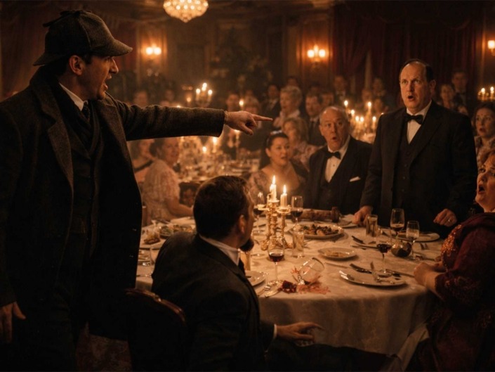 KI-generiertes Bild Krimi-Dinner Köln: Sherlock Holmes beschuldigt während des Dinners einen verdächtigen Gast vor den schockierten Gästen.